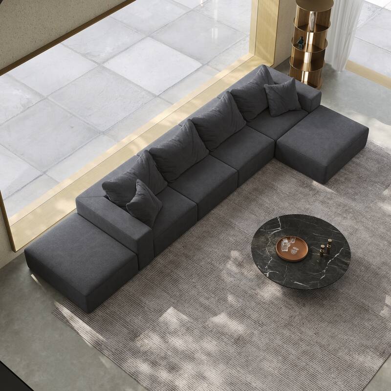 Floor Upholstered Sectional Sofa Modular L Shaped Couch Set with 6 Pillows and Ottomans, Living Room Sleeper Sofa Bed
