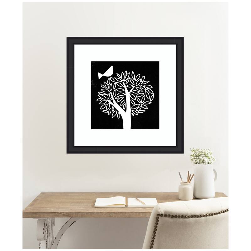 Kate and Laurel Framed Art Black and White Bird Tree Linocut by Giuliana Lazzerini Lazzerini