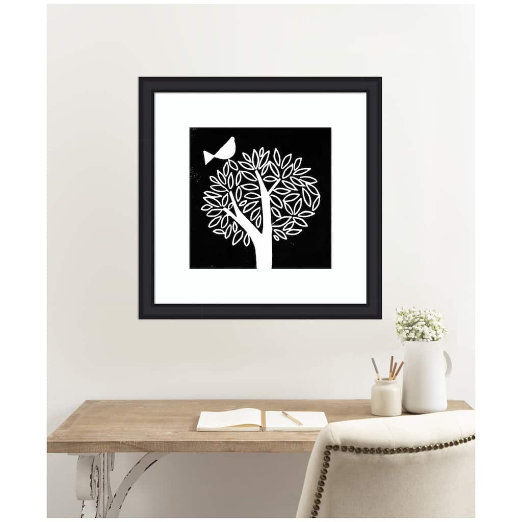 Kate and Laurel Framed Art Black and White Bird Tree Linocut by Giuliana Lazzerini Lazzerini