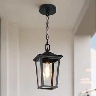Mid-Century Modern 1-Light Black Lantern Outdoor light Hanging Pendant for Porch - L 6.7" x W 6.7" x H 12.6"