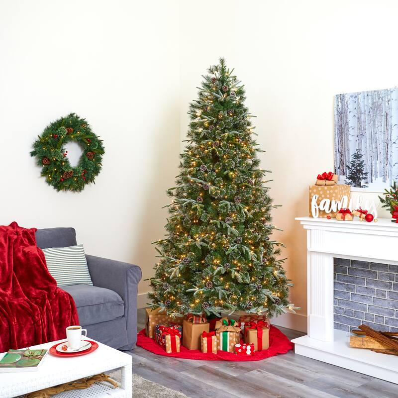 7.5ft Artificial Christmas Tree with Clear Lights & Pine Cones - Holiday Decor - Green - 84
