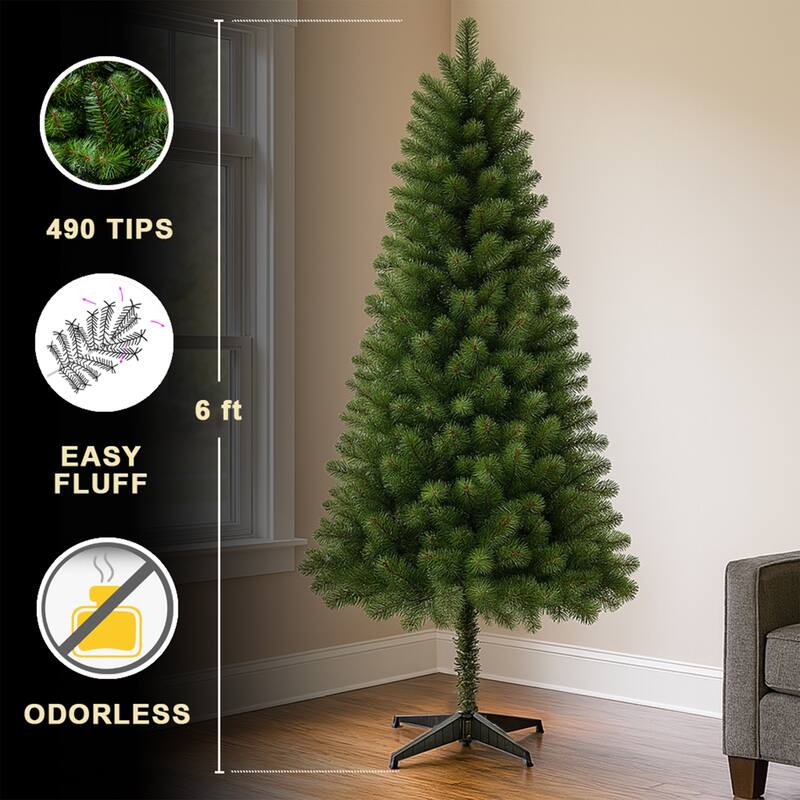 6FT Unlit Artificial Christmas Tree 490 Tips PVC Full Branches Classic Green Plastic Stand Indoor