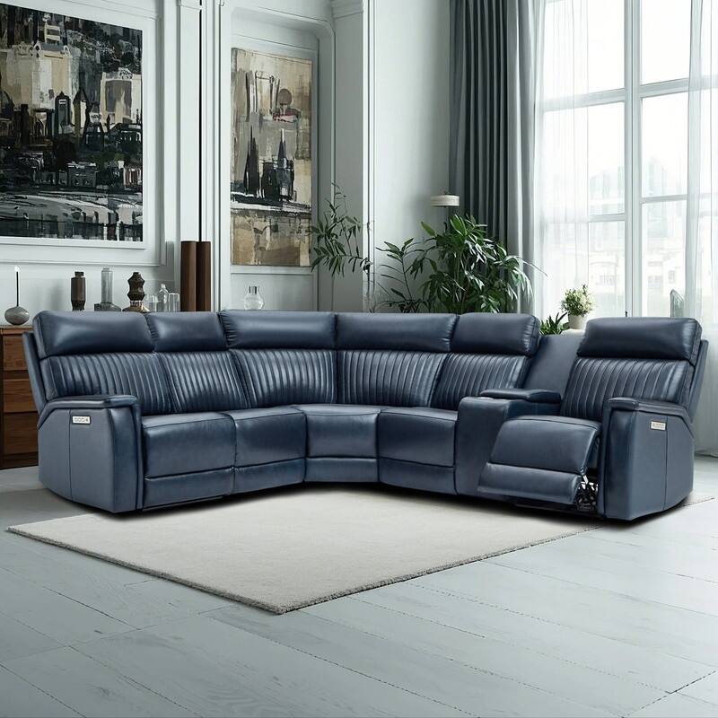 Genuine Leather Power Recliner Sectional Sofa with Console, Ajustable Headrest, USB&USB-C Port - Blue
