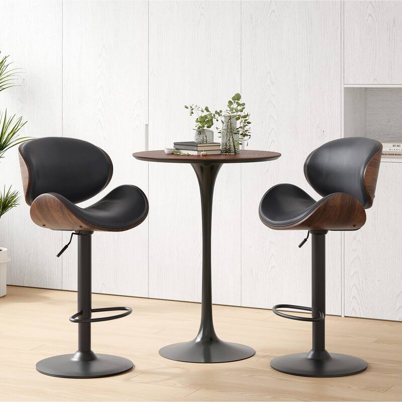 Swivel Bar Stools Set of 2, Adjustable Height Bentwood Barstools with PU Leather Upholstered Seat, Backrest and Footrest