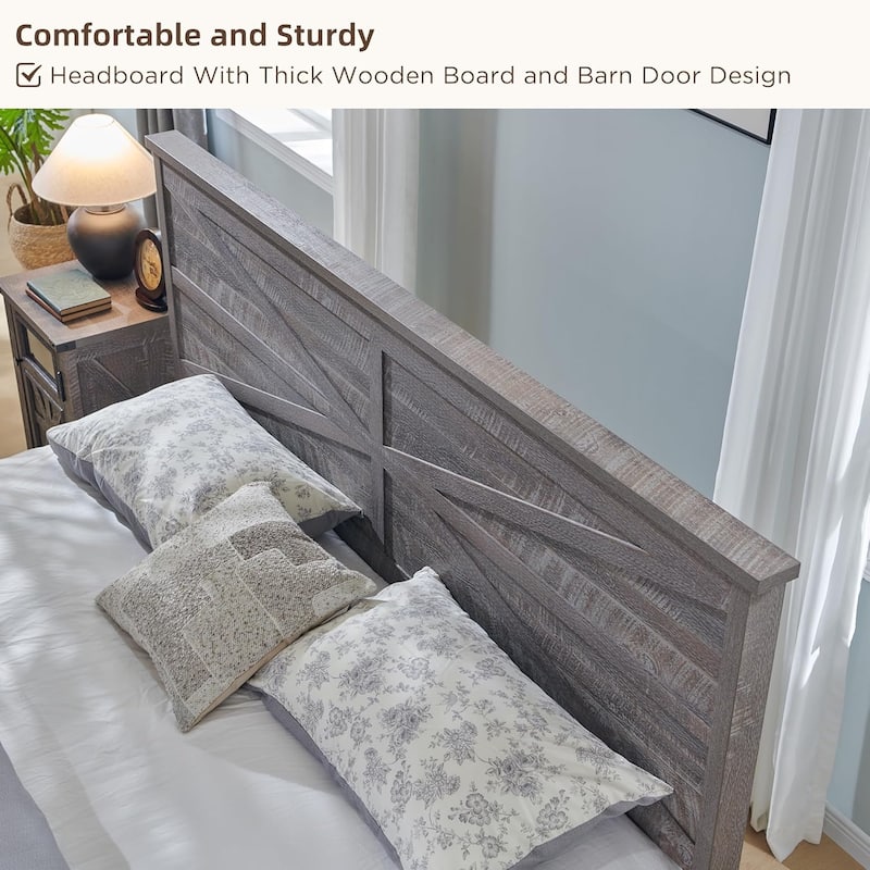 Farmhouse King Size Wood Bed Frame with Sliding Barn Door Storage