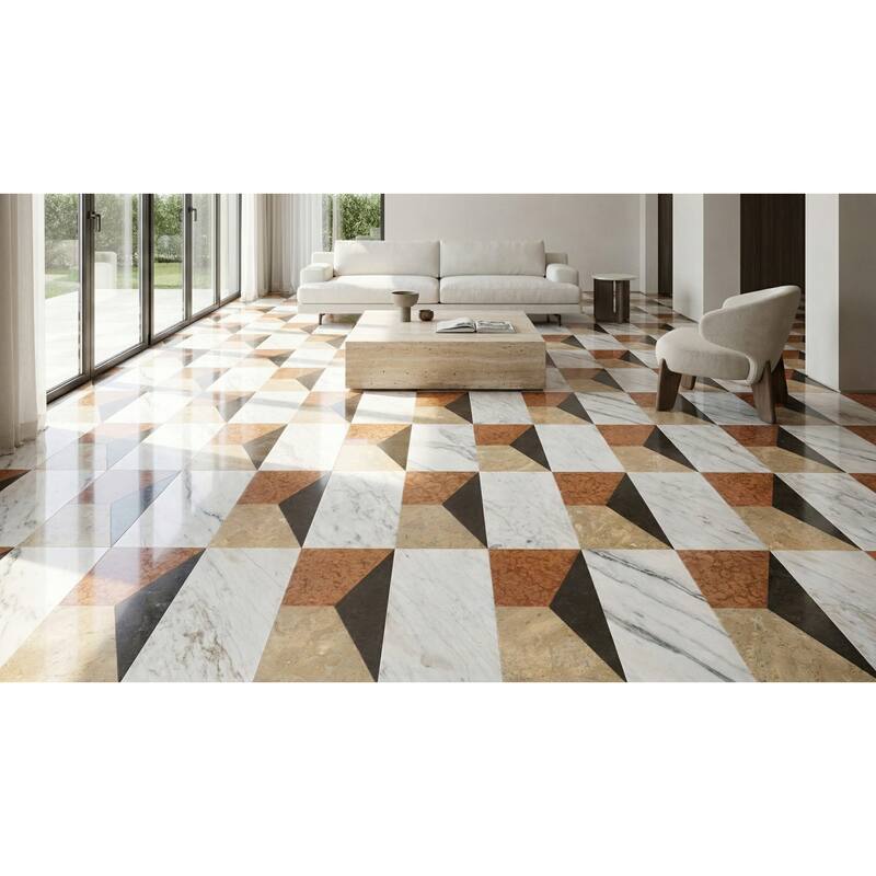 Roomfitters Waterjet Marble Tile, Polished Natural Stone for Floor and Wall, Genuine Marble, 2-Piece Box, White Gold Red Gray