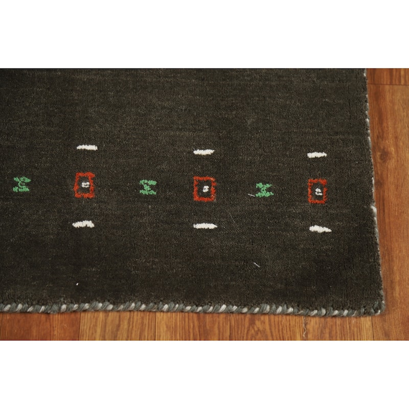 Little Animals Green Gabbeh Indian Runner Rug Hand-Knotted Wool Carpet - 2'4" x 9'2"