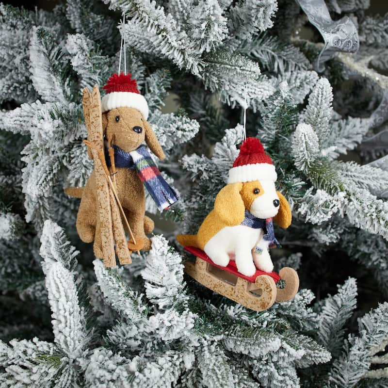 Set of 6 Christmas Plush Dog Ornaments with Ski and Sled Cute Winter Holiday Decorations