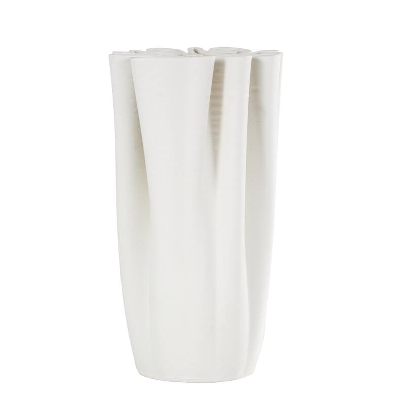 Ceramic Abstract Ribbed Dimensional Folded Decorative Vase with Compact Wavy Rim - White - Roche River Decor