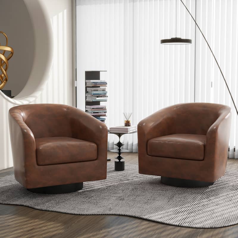 Modern Round Swivel Accent Chair Set of 2 Barrel Chair for Living Room - Faux Leather - Coffee/PU