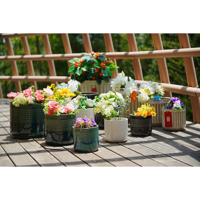 Set of 3 Grid Ceramic Flowerpot, Modern Planter for Patio, Garden, Windowsill