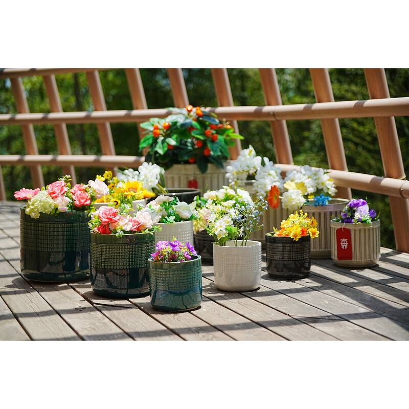 Teal Ombre Ceramic Planter Set of 3 - 9.6" Cube Modern Plant Pots with Drainage Holes - Blue+Green