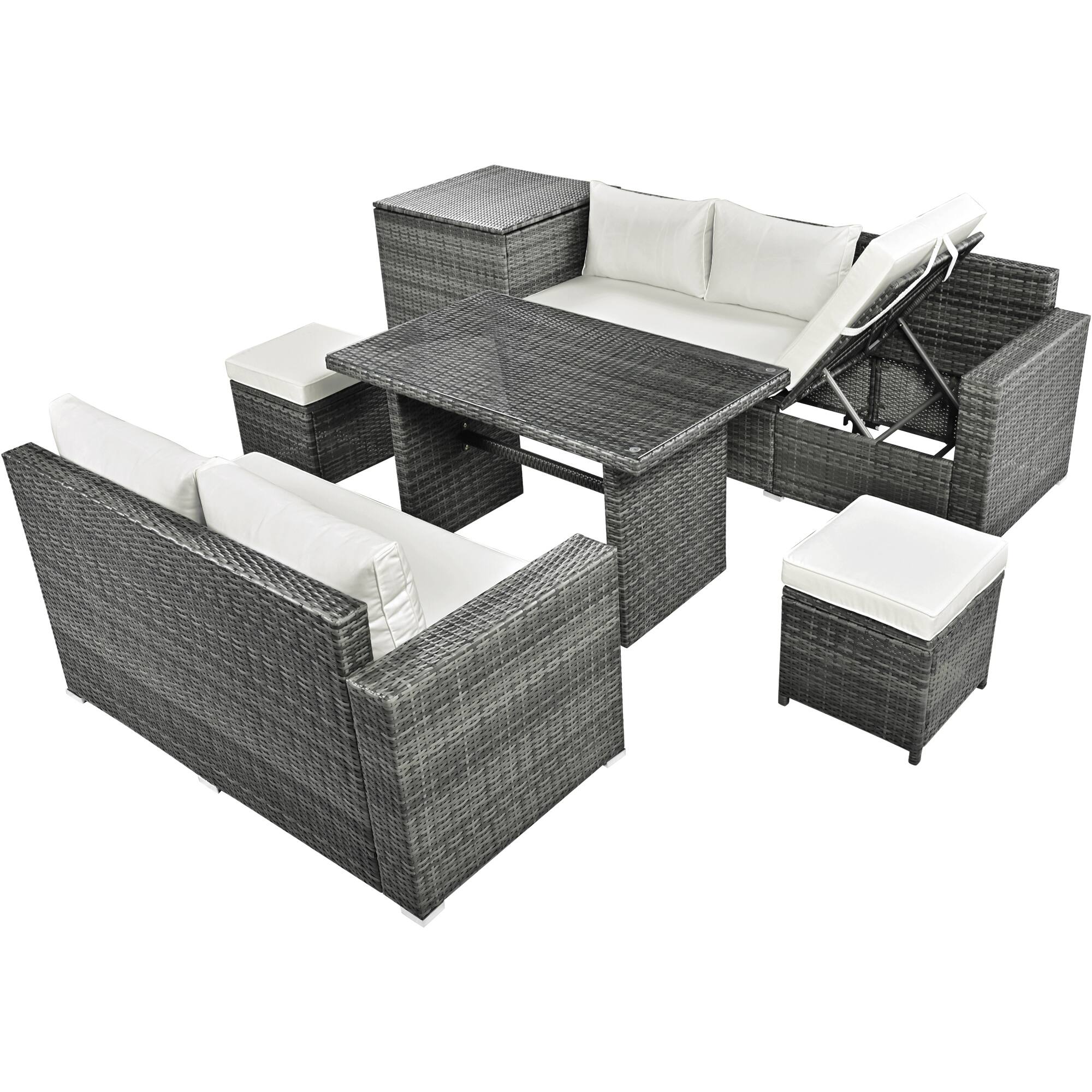 6Piece Outdoor Rattan Sofa Set with Adjustable Seat, Storage Box