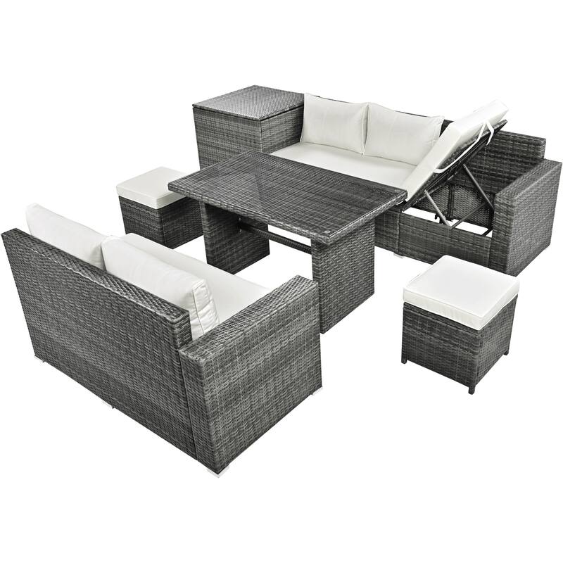 Roomfitters 6-Piece All-Weather PE Rattan Patio Sofa Set with Adjustable Seats, Storage Box and Glass Top Table