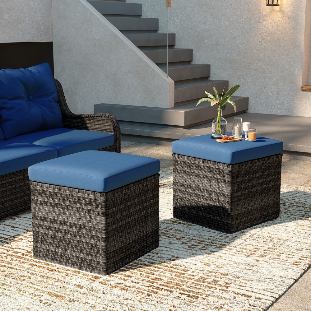 Outdoor Wicker Square Storage Ottoman with Plush Cushion(Set of 2)