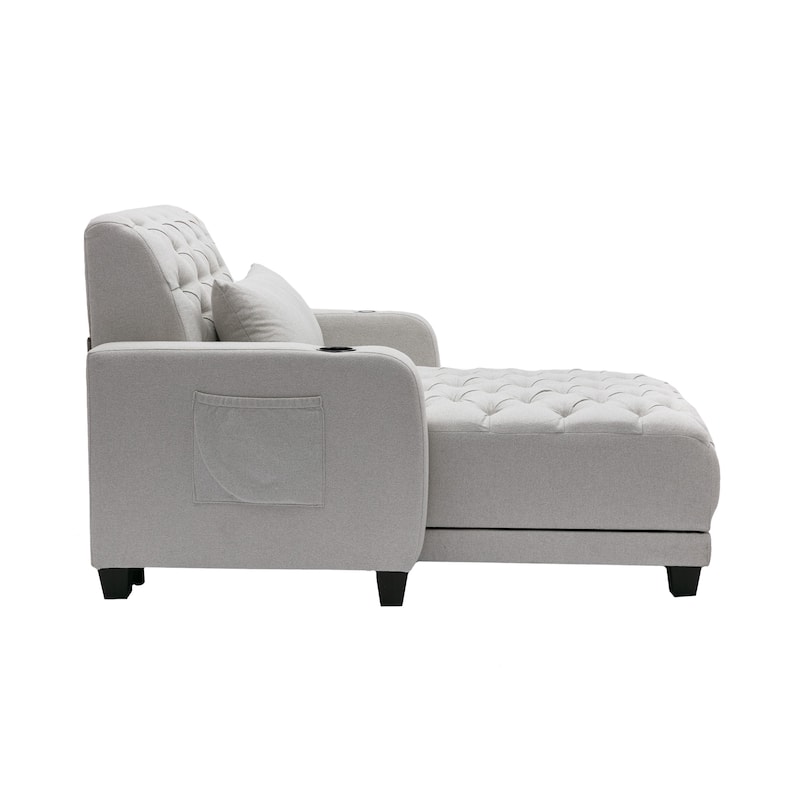 Linen Upholstered Multifunctional Tufted Wireless Charging Leisure Sleeper Armchair with 2 Cup Holders