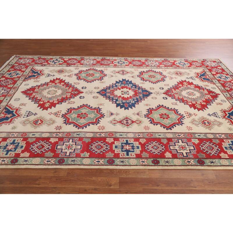 Hand Knotted Oriental 100% Wool Carpet Traditional Geometric Beige & Ivories Kazak Area Rug - 9' 9'' X 6' 8''