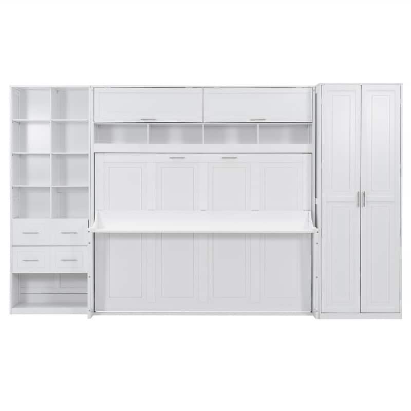 Full/Queen Size Murphy Bed Wall Bed with Closet, 2 Drawers and Storage Shelves, Folding Murphy Cabinet Bed with Top Cabinet