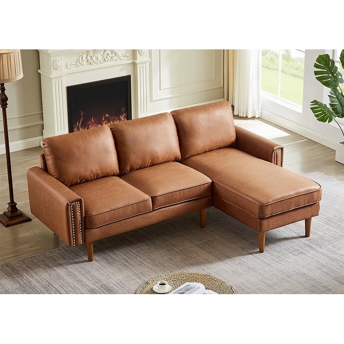 Brown 82.2'' Brown PU Leather L-Shaped 3-Seater Sofa with Right