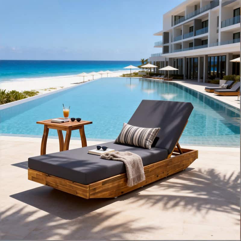 Christopher Knight Home - Outdoor Acacia Wood Chaise Lounge, Water-Repellent Cushion, Ergonomic Recliner Headrest - 79.6"L - Teak Finish+Dark Gray Cushion