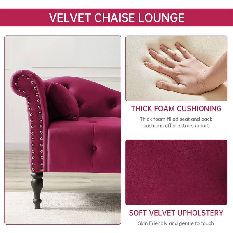 60"W Velvet Chaise Lounge, Tufted with Pillow & Nailhead Decorate - 60.6W" x 27.5D" x 28.3"H
