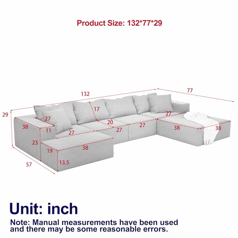 132" Chenille Modular L-Shaped Sectional Sofa with 6 Pillows
