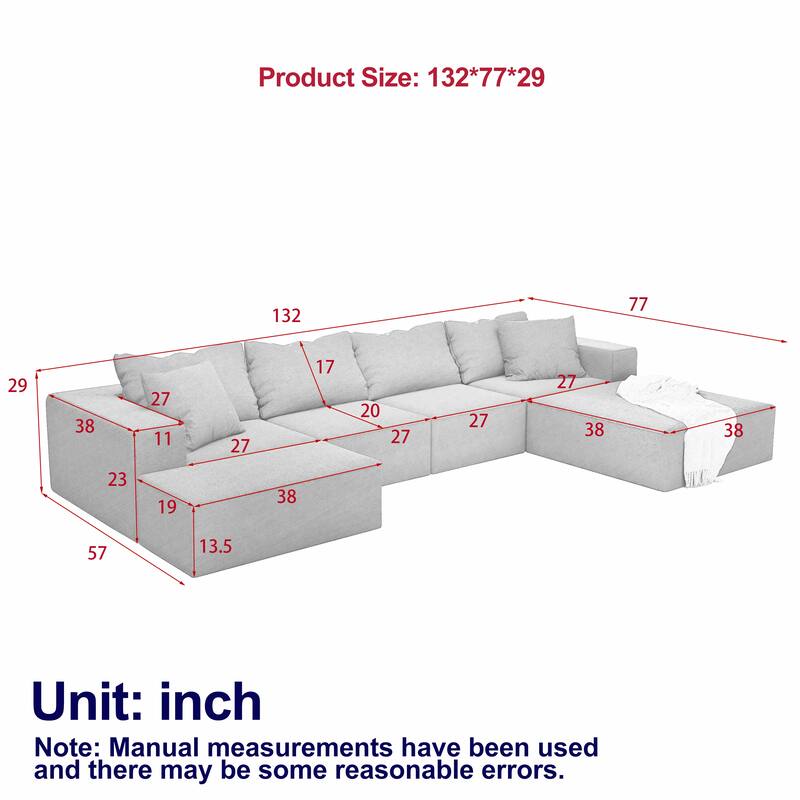 Floor Upholstered Sectional Sofa Modular L Shaped Couch Set with 6 Pillows and Ottomans, Living Room Sleeper Sofa Bed