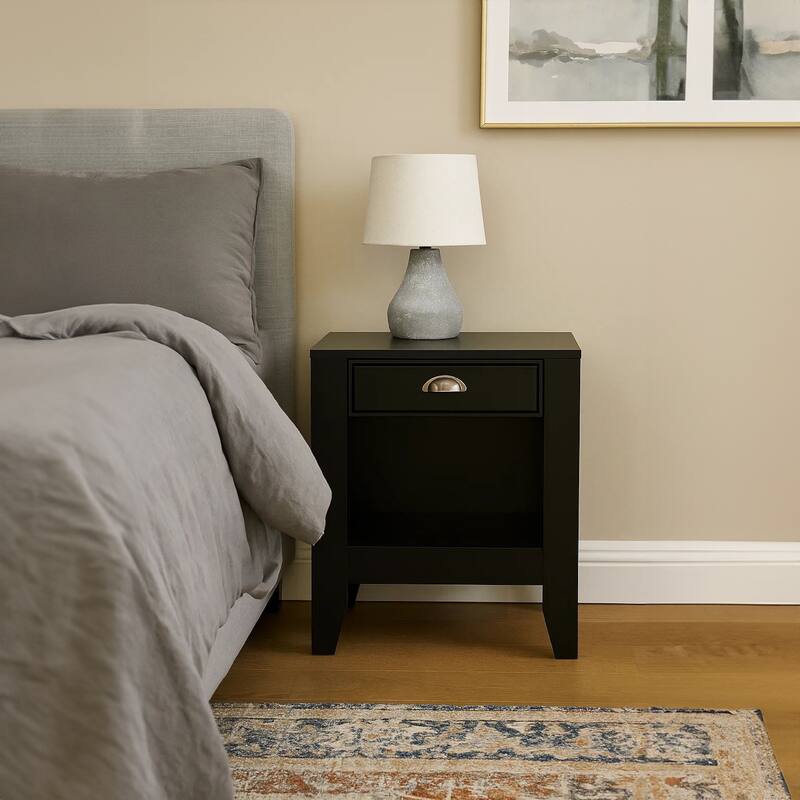 Crown Bedside Nightstand, 21 Inch, 1 Drawer and Open Shelf, Black MDF