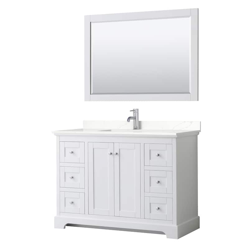 Avery 48-inch Single Vanity, Quartz Top, 46-inch Mirror - White, Chrome Trim, Giotto Quartz Top