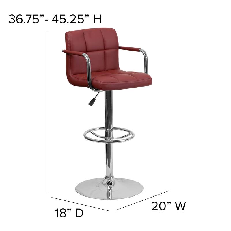Quilted Vinyl Adjustable Height Barstool with Arms and Chrome Base - 20"W x 18"D x 36.75" - 45.25"H