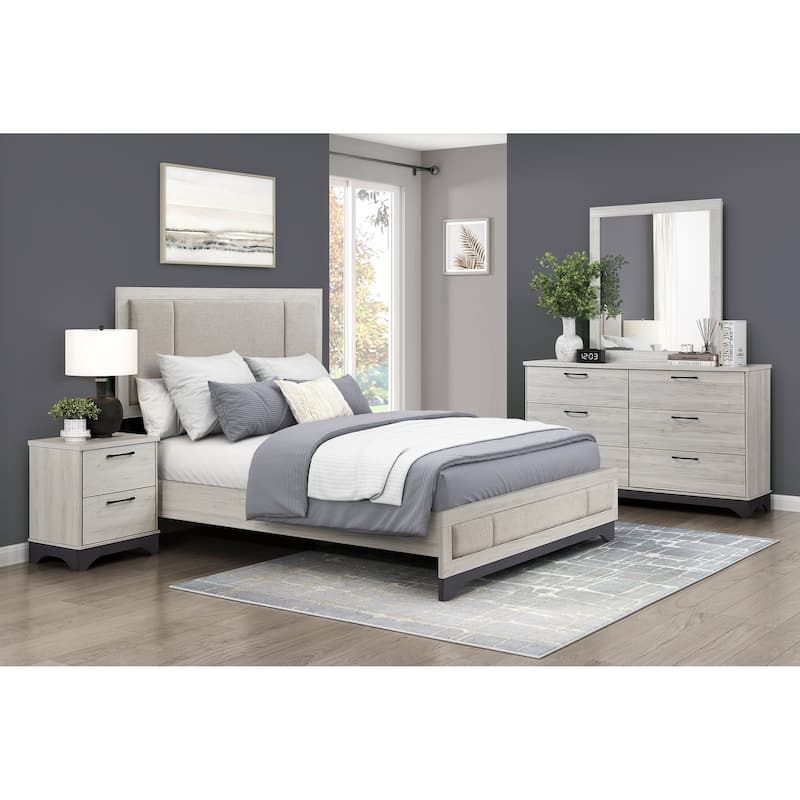 White Oak and Gray Finish Bedroom Furniture Sets Contemporary Platform Bed Nightstand Dresser Mirror