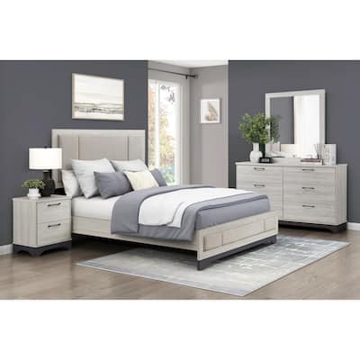 White Oak and Gray Finish Bedroom Furniture Sets Contemporary Platform Bed Nightstand Dresser Mirror