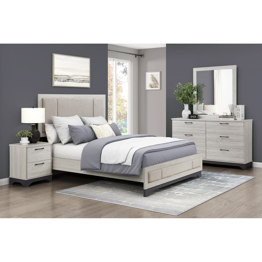 White Oak and Gray Finish Bedroom Furniture Sets Contemporary Platform Bed Nightstand Dresser Mirror