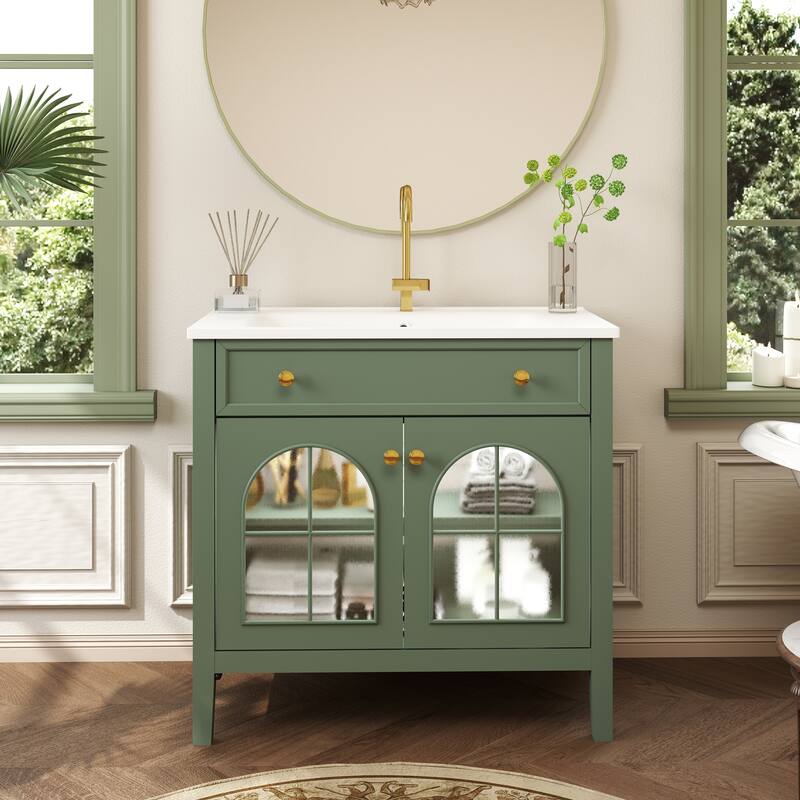 35.6" Mid-Century Bathroom Vanity Sink with Patterned Glass & Motion-sensor Light Strip, Freestanding