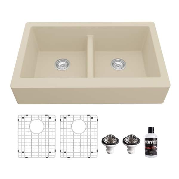 slide 58 of 77, Karran Retrofit Farmhouse Quartz 34 in. Double Bowl 50/50 Sink Kit Bisque
