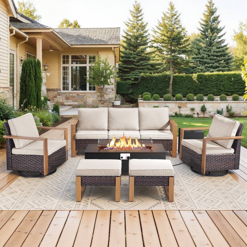 Meyreso Wicker Outdoor Patio Fire Pit Set with Swivel Gliders & 4.5-Inch Olefin Cushions