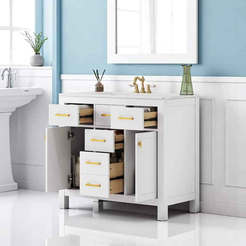 Freestanding 36'' Single Sink Bathroom Vanity with 2 Cabinets & 4 Drawers, Ceramic Top, Modern Shaker Style