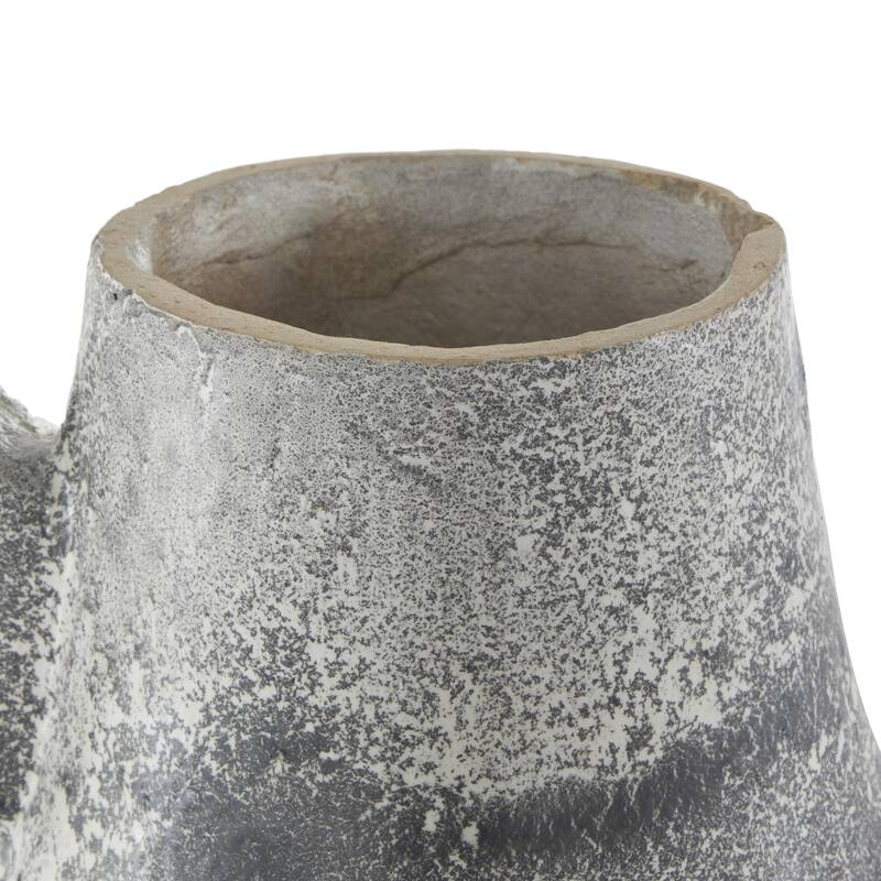 Paper Mache Distressed Fluted Decorative Vase with Light Gray Texturing and Ring Handle - Light Gray - Roche River Decor