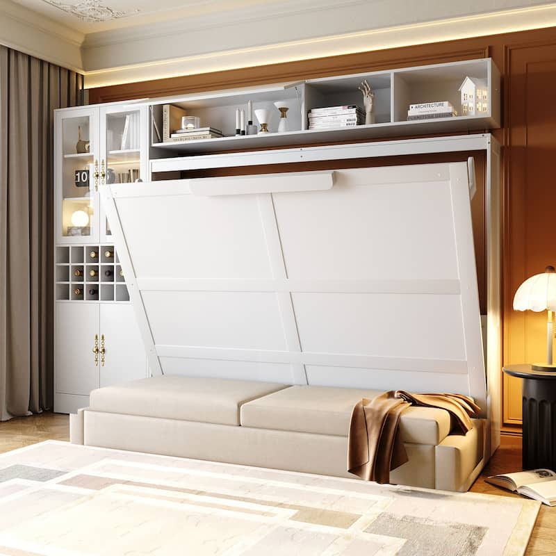 Queen Size Murphy Bed with Sofa - Space-Saving Wall Bed with Shelves, USB Charging & LED Lighting