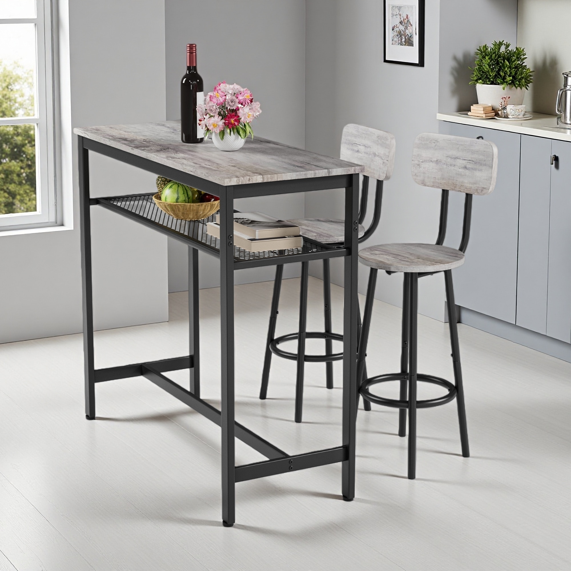3-Piece 39.4" MDF & Iron Bar Table Set with 2 Stools, Counter Height, Space-Saving