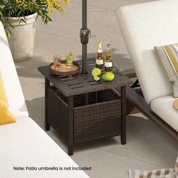 Mix Brown Rattan Umbrella Side Table with Rustproof Zinc-Iron Alloy and Adjustable Foot Pads - 22" x 22" x 19"