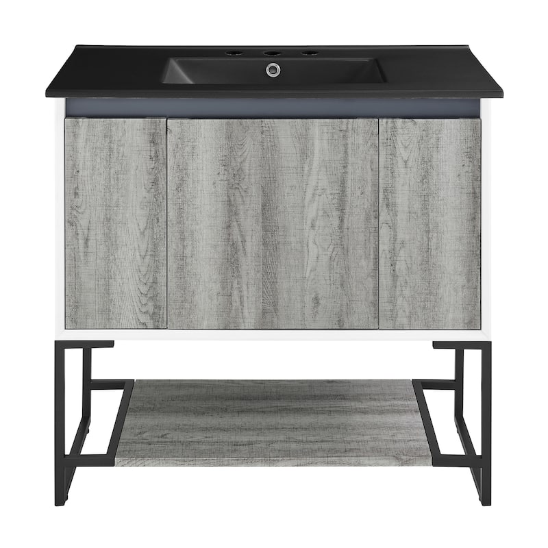 Marseille 36 In. Gray Bathroom Vanity With Black, 3-Hole Ceramic Sink Top