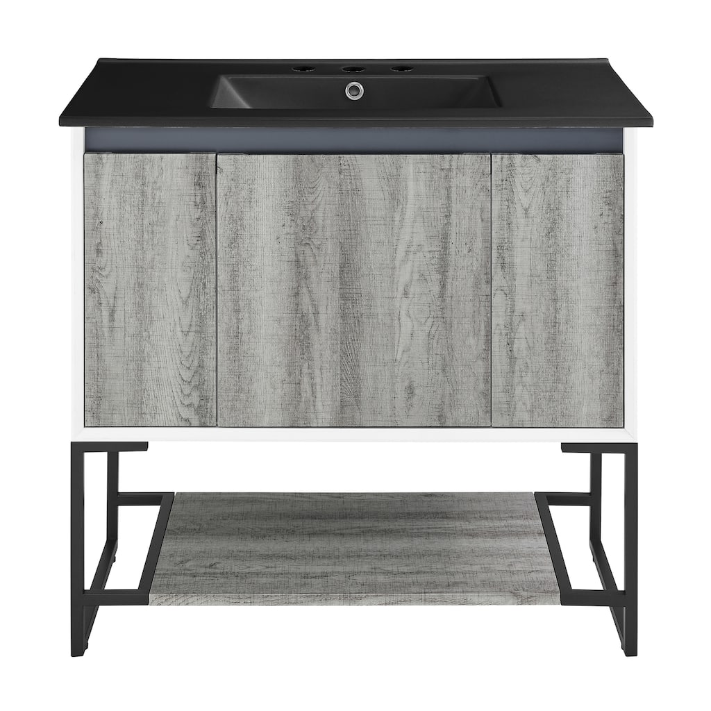 Marseille 36 In. Gray Bathroom Vanity With Black, 3-Hole Ceramic Sink Top