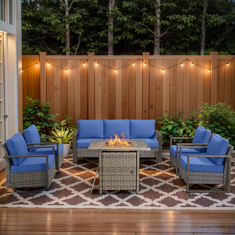Pocassy 4/6/8PCS Sofa Swivel Chair with Fire Pit Table Set - Grey Wicker Blue Cushion - 6-Piece Sofa Chair with Fire Table