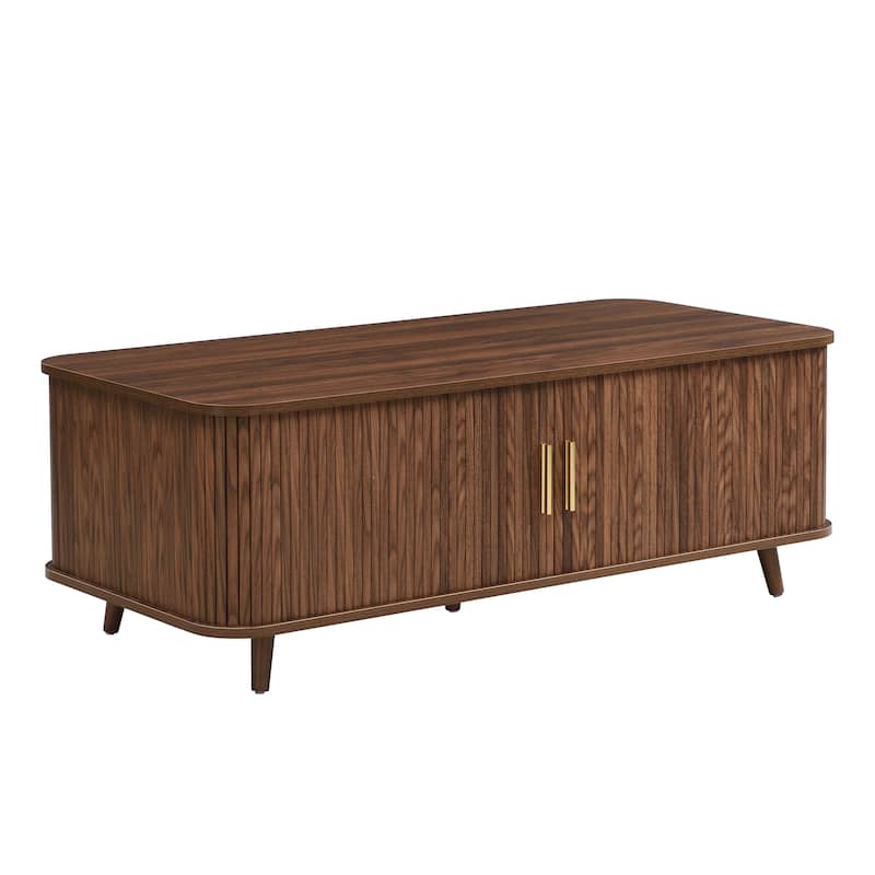 Aron Mid-Century Modern Coffee Table with Semi-Open Tambour Doors and 4 Hidden Storage Compartments, 47.24"