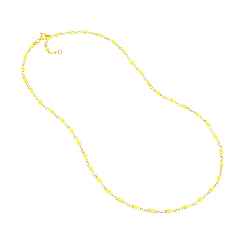 Curata 14k Yellow Gold 18" Neon Yellow Enamel Bead Piatto Chain Necklace (Spring-ring)