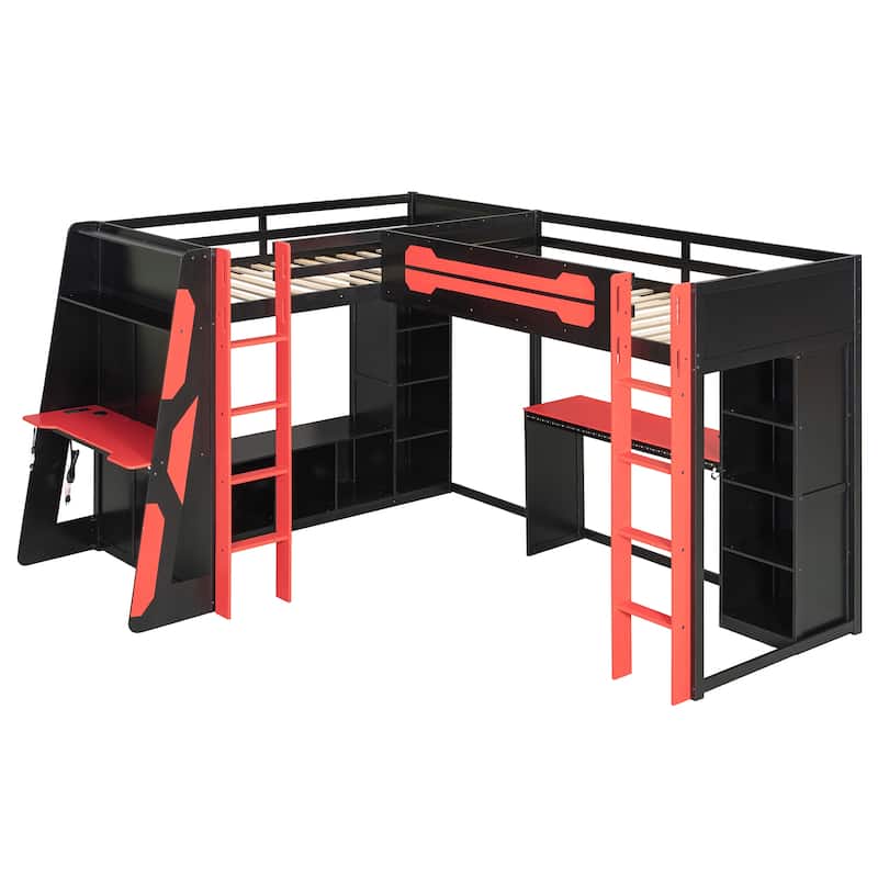 L-Shaped Twin Gaming Bed with RGB Lights, Dual Bed Frame with USB, TV Stand & Reversible Layout