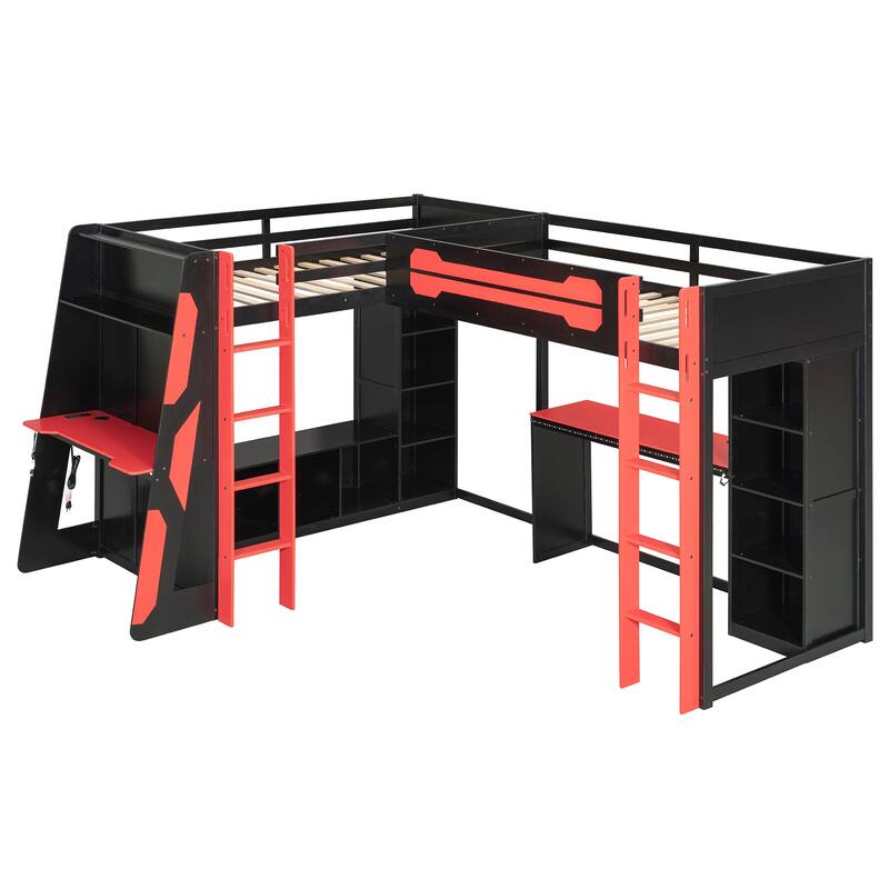 L-shaped Bunk Bed Twin Size Gaming Loft Bed with Desks, TV Stand, Shelves, Light Strip, Charging Station and Reversible Layout