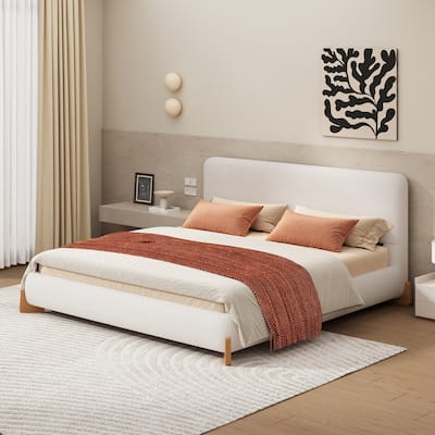 Elegant White Boucle Upholstered Frame Platform Bed, Low Profile Grounded Bed with Solid Wood Feet, Wood Slats and Support Legs