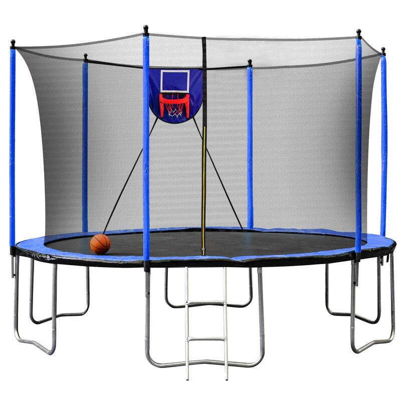 15FT Trampoline with Basketball Hoop Inflator and Ladder, 6pcs safety new pole Sleeves - Blue